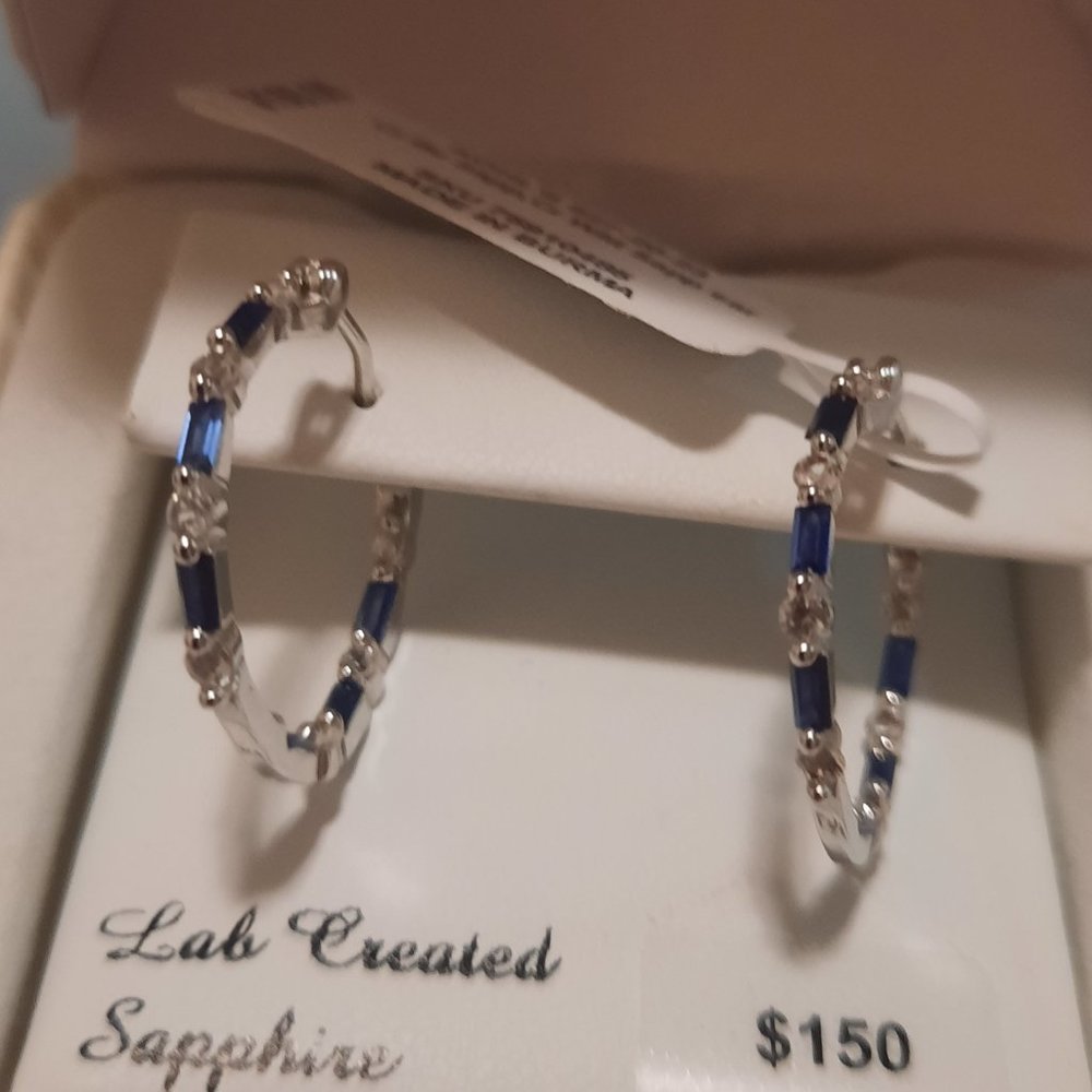 Sterling Silver created blue and white sapphire hoop earring